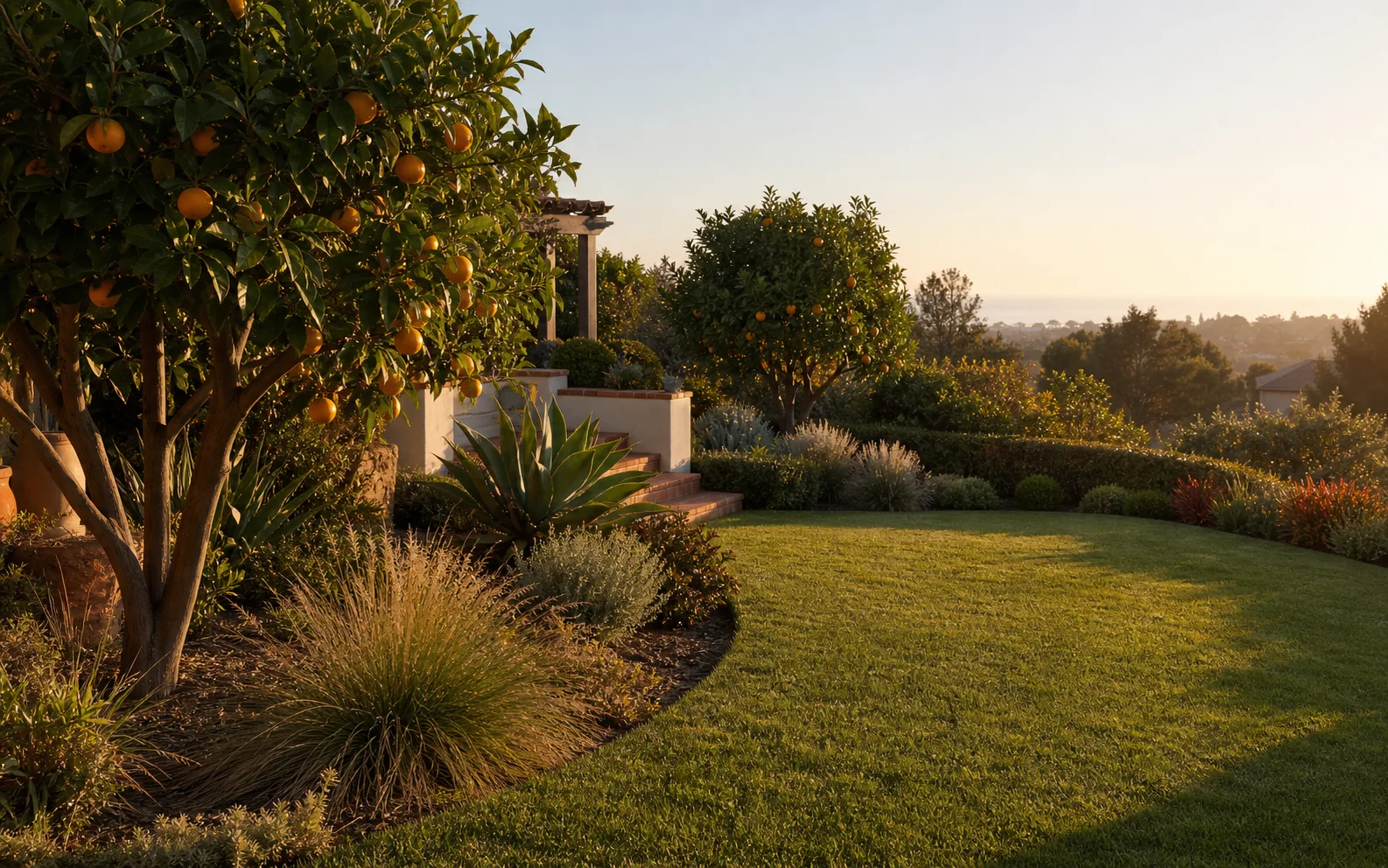 Conceptual fall Orange County garden with lawn, citrus, and planting borders