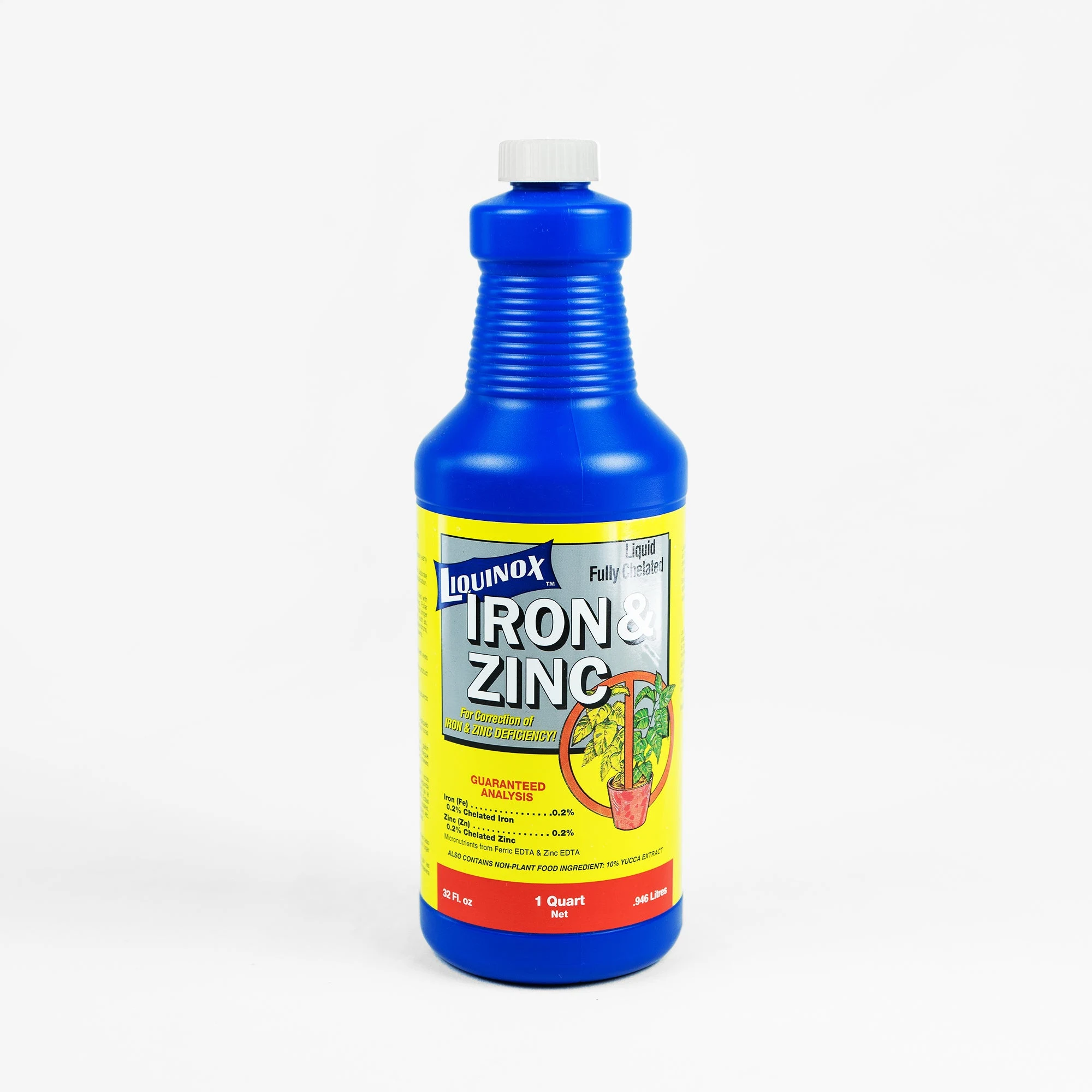 Liquinox Iron + Zinc 0.1FE · 0.1ZN, official downloadable quart reference; pictured label artwork differs from the current 0.1FE · 0.1ZN listing