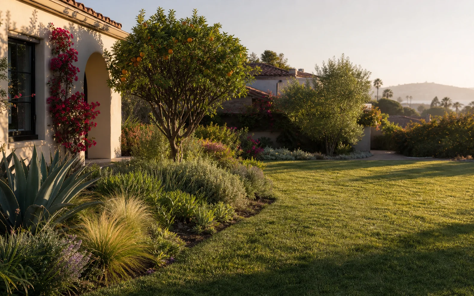 Conceptual summer Orange County garden with lawn, citrus, and planting borders