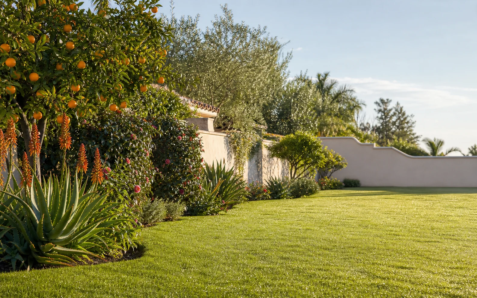 Conceptual winter Orange County garden with lawn, citrus, and planting borders