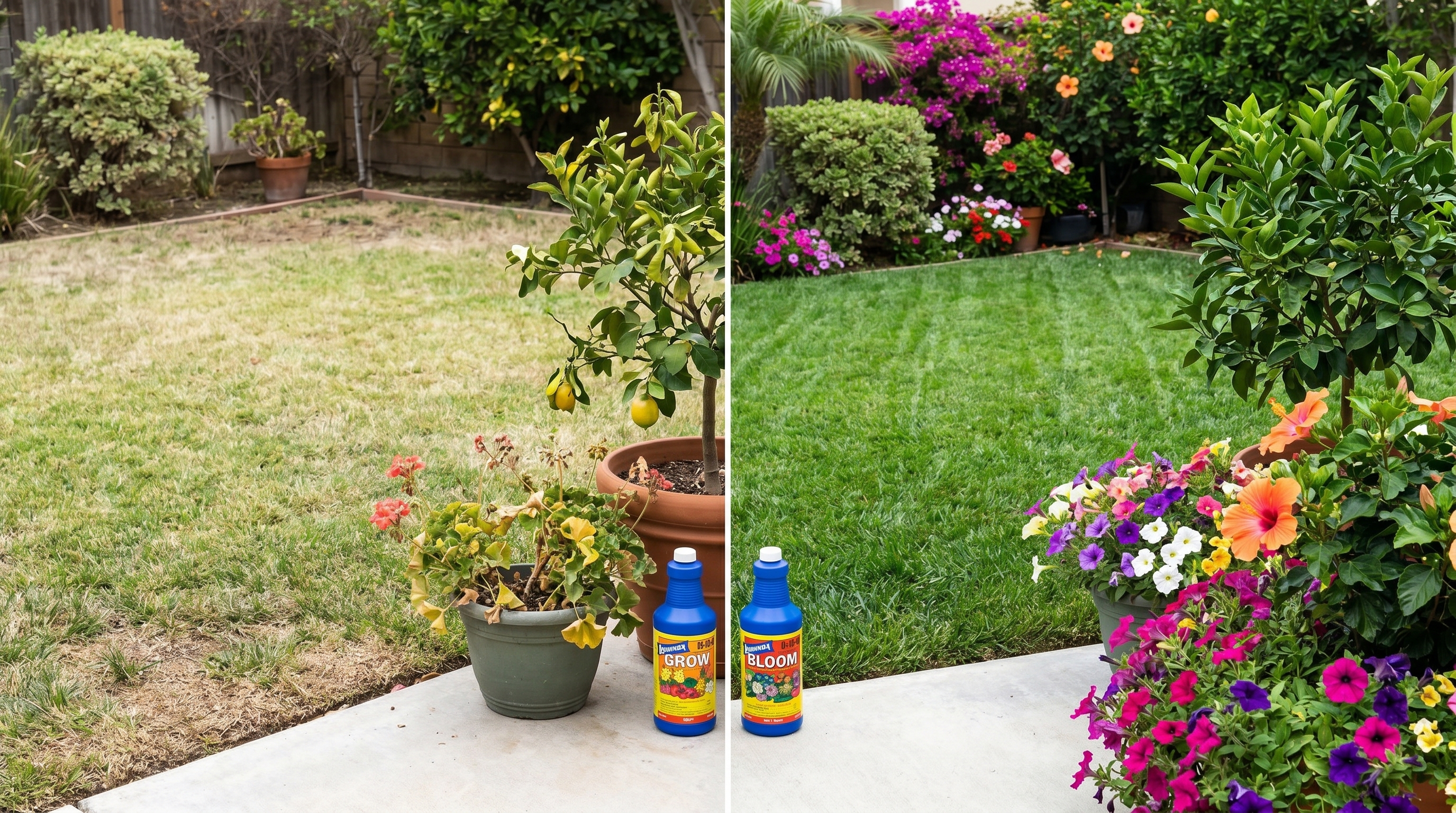 Before and after Orange County garden response to seasonal liquid feeding