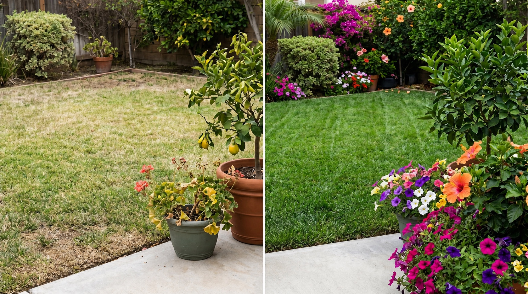 Illustrative before-and-after lawn and plant garden scene; it is not a documented product result